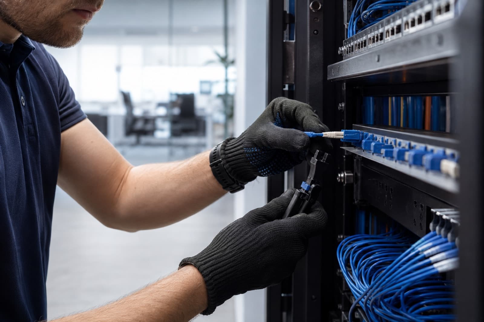A technician making a precision fibre connection